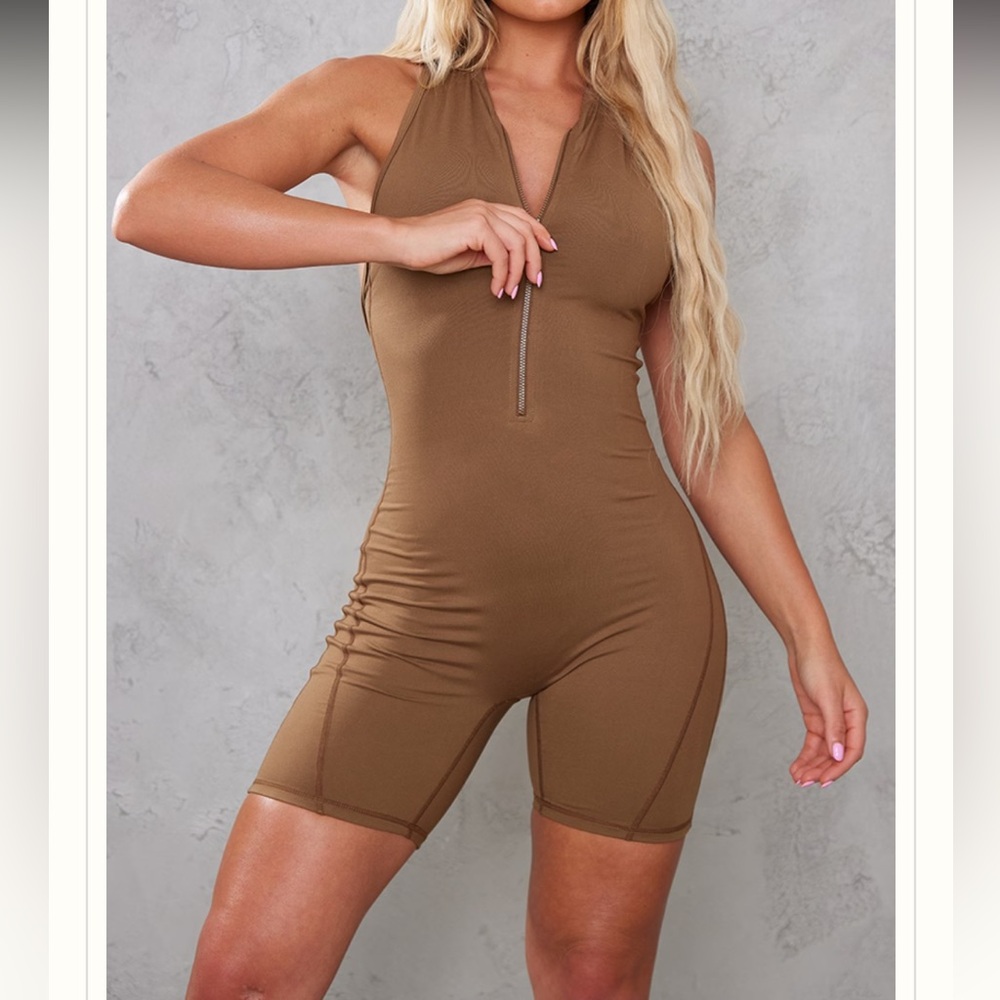 Caramel open back unitard romper